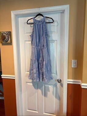 london times denim dress london times maxi dress London Times Shirred Surplice Faux Twist Bishop Sleeve Maxi Dress Light Baby Blue